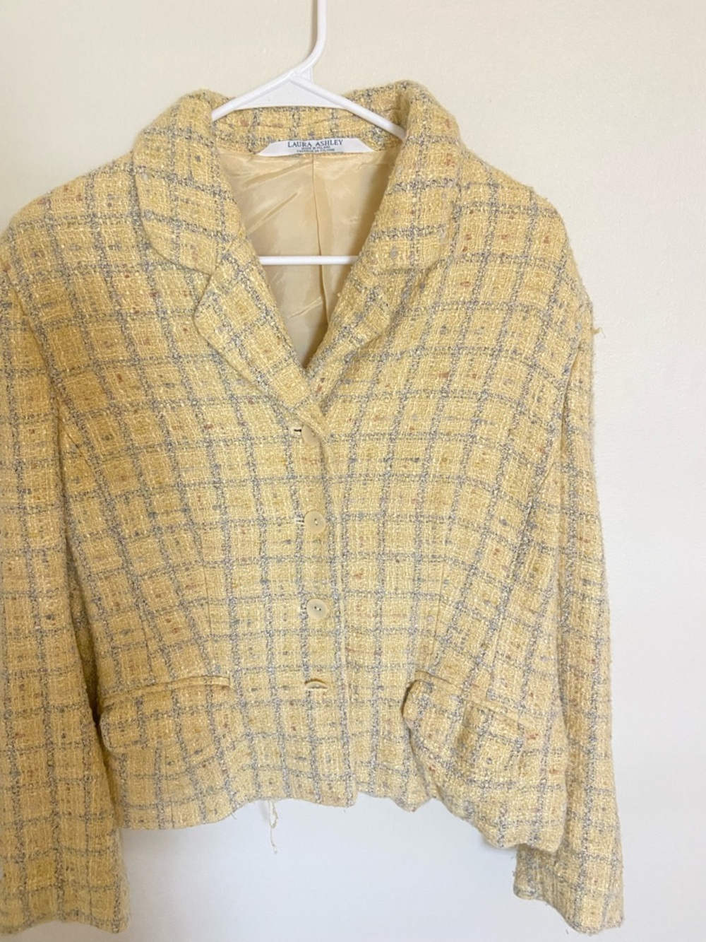 Laura Ashley Pale Yellow Plaid Tweed Cropped Jacket